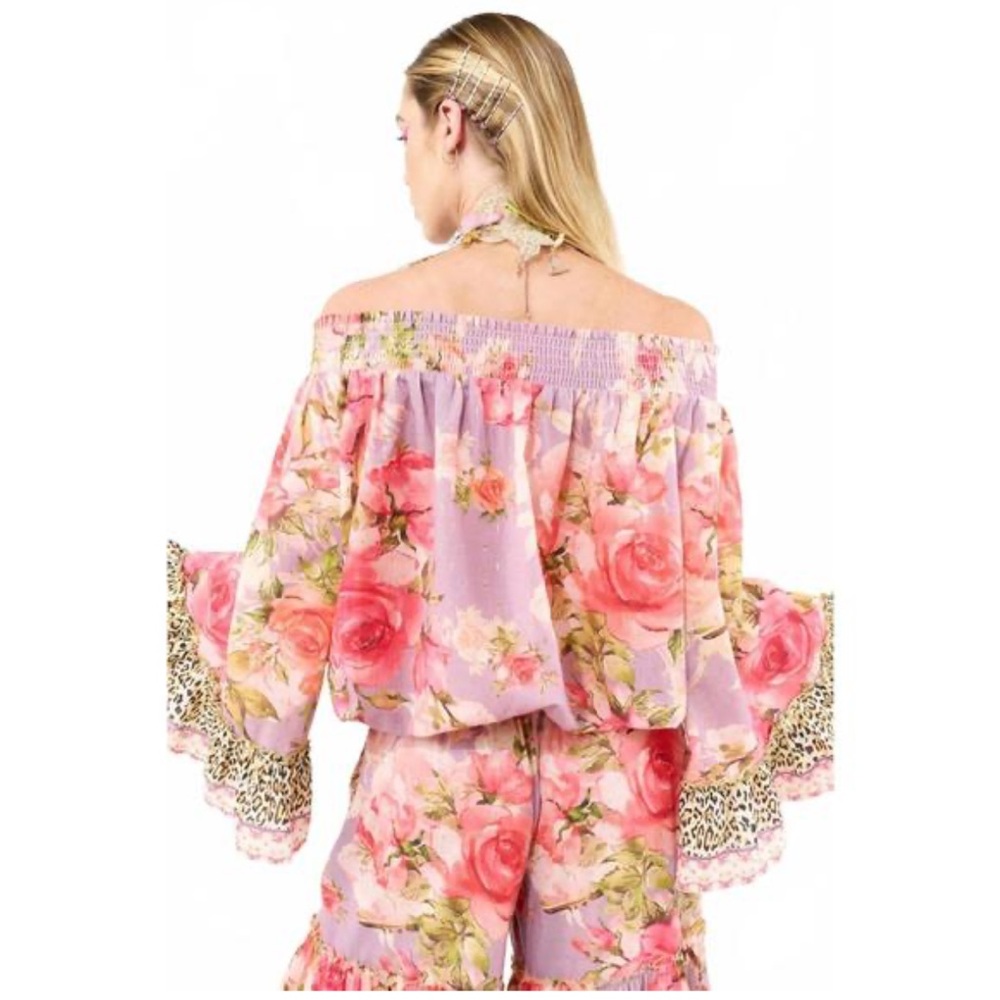 Aratta Rosaline Blouse Top Flowy Ruffle Off Shoulder Smocked Rose Floral Large - Picture 4 of 13